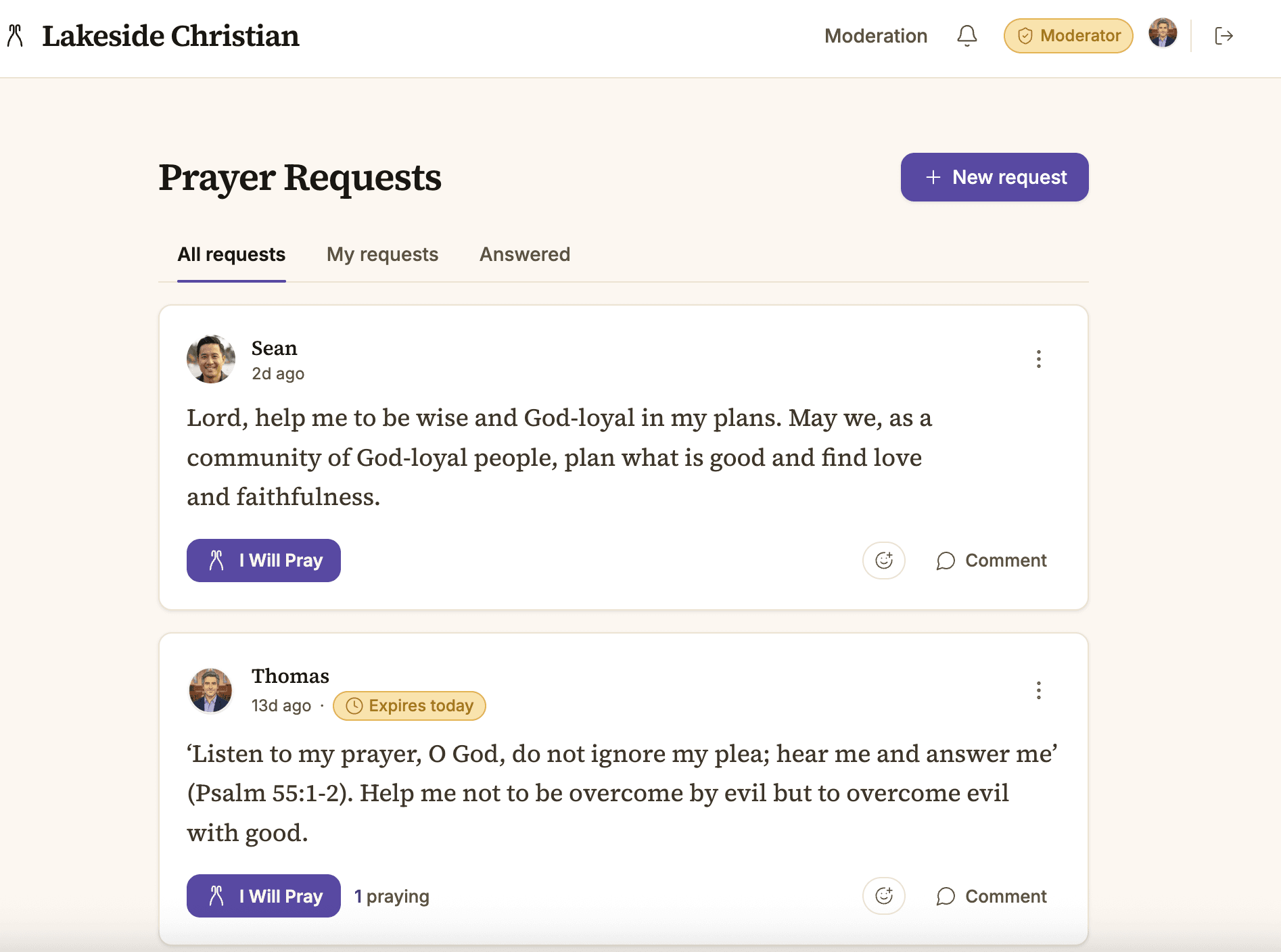 Moderator view of Lakeside Christian's Prayer Requests page on desktop, showing the All / My requests / Answered tabs and two recent posts.