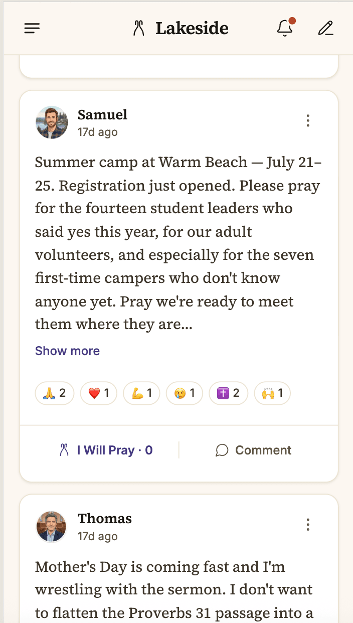 Mobile view of the Lakeside feed showing Alex's prayer request for the church youth summer camp, with six emoji reactions.